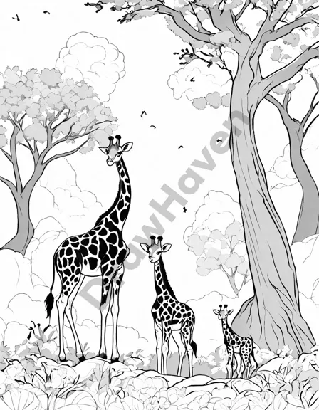 coloring book page of a giraffe family among acacia trees in the african savannah in black and white