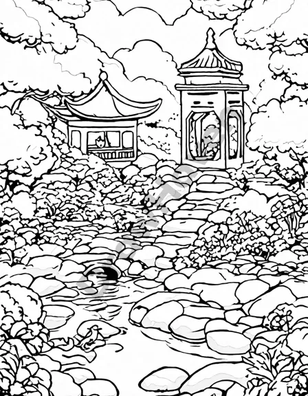 zen oasis coloring page: tranquil pond, stone lanterns, manicured shrubs in black and white