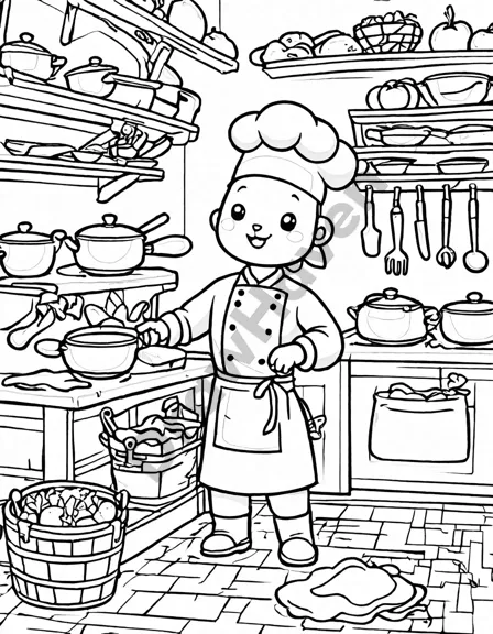 Coloring book image of chef rolling fresh pasta dough in a kitchen with rustic tools and vibrant vegetables in black and white