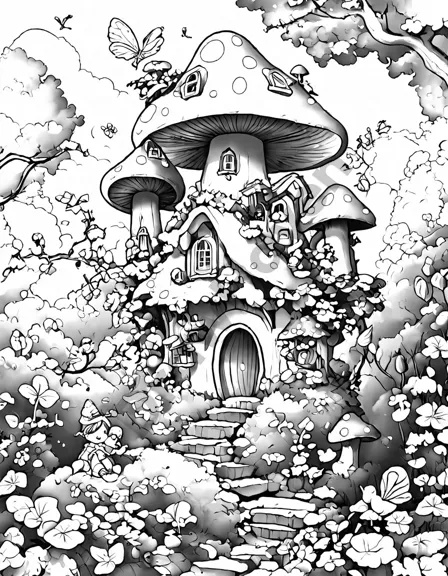 enchanted fairy village coloring book illustration in a magical forest setting with whimsical fairy houses, flowers, and twinkling lights in black and white