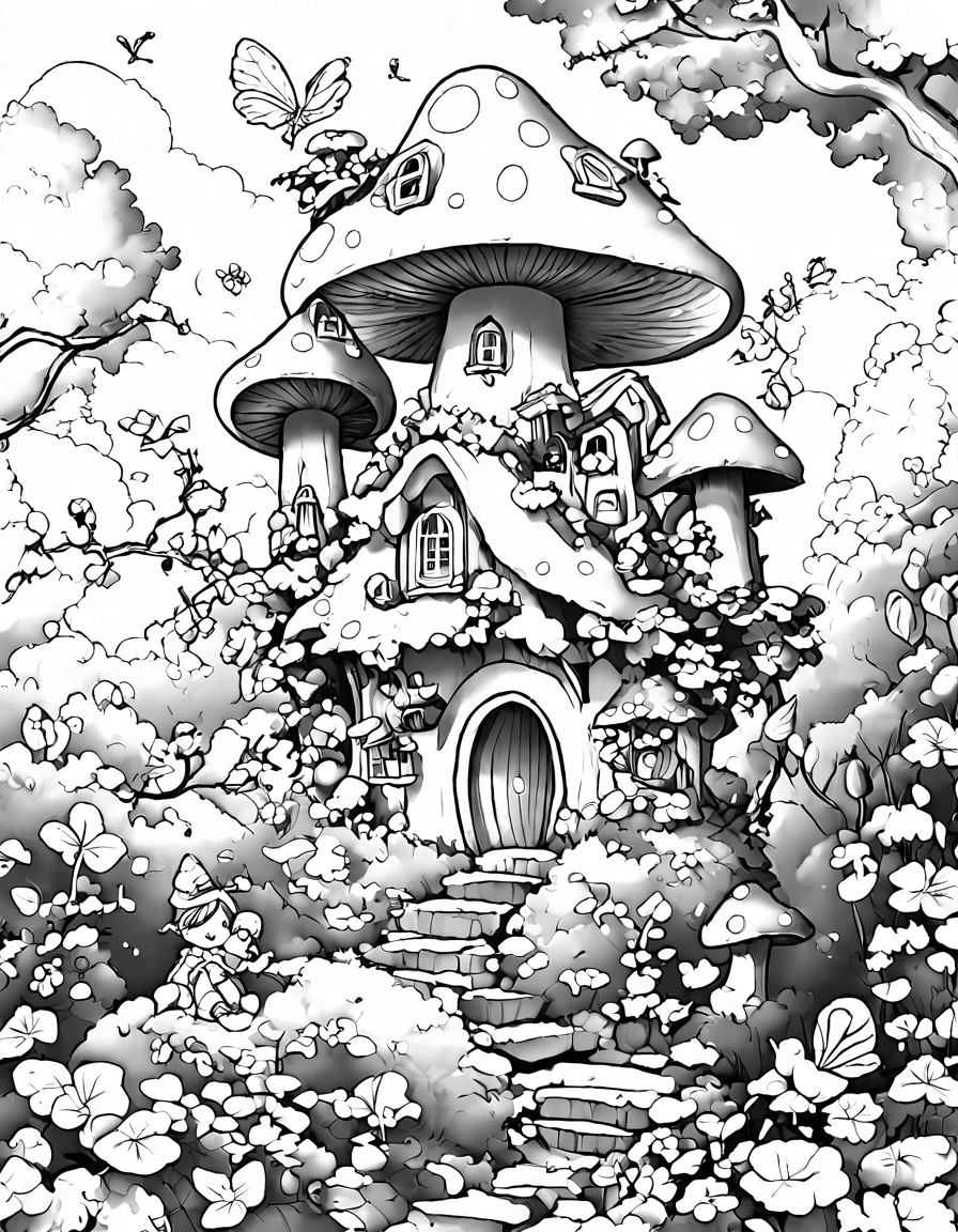 enchanted fairy village coloring book illustration in a magical forest setting with whimsical fairy houses, flowers, and twinkling lights in black and white