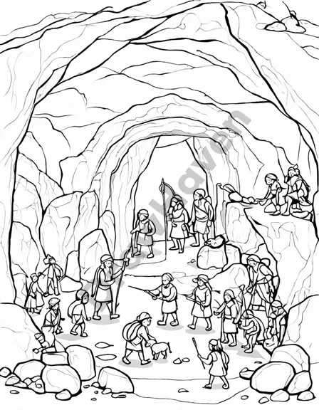 Coloring book image of intricate stone age cave painting depicting daily life and rituals of prehistoric humans in vibrant colors in black and white