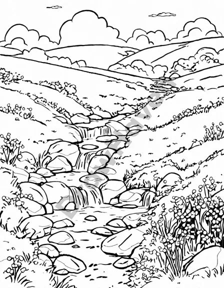 tranquil coloring book image of breezy meadows of peace with wildflowers, stream, and weeping willows. relax and unwind with nature-inspired coloring in black and white