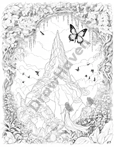 giants and fairies coexist in a whimsical coloring book scene in black and white