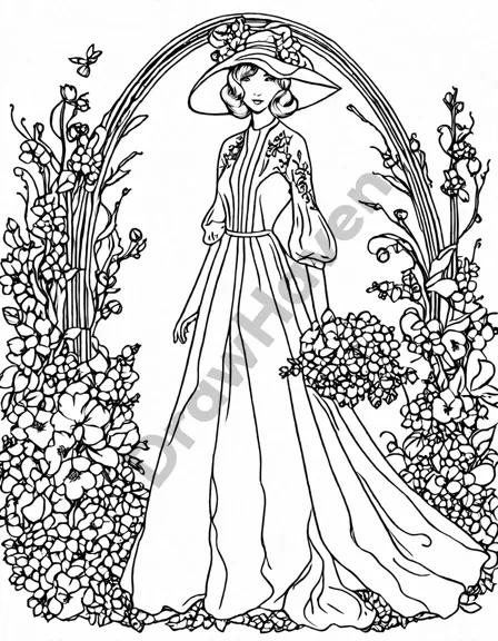 intricate art nouveau fashion and accessories coloring book page with flowing forms, floral motifs, and ethereal veils in black and white