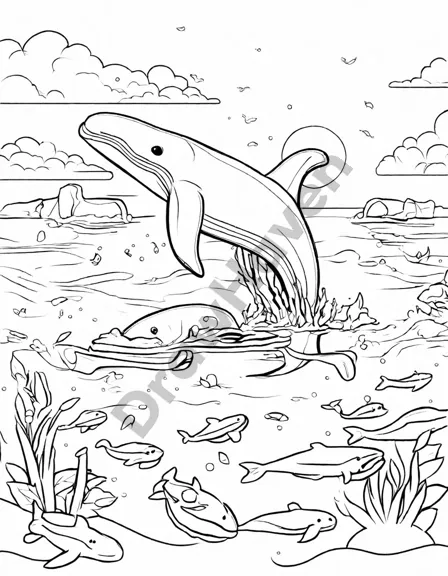 coloring page of whales breaching at dawn with a pink and blue sky background in black and white