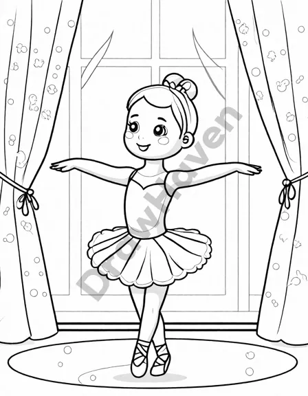 young ballerina in spotlight for first recital on coloring page, detailed tutu and theater setting in black and white