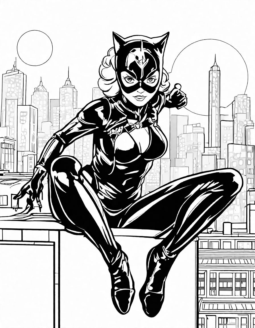Coloring book image of catwoman heists a jewel under the moonlight, leaping across gotham city rooftops in black and white