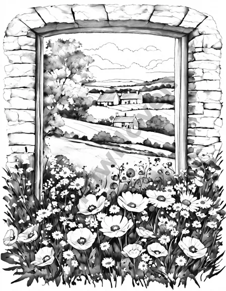 Coloring book image of quaint farmhouse amidst blooming wildflowers in the scenic english cotswolds in black and white
