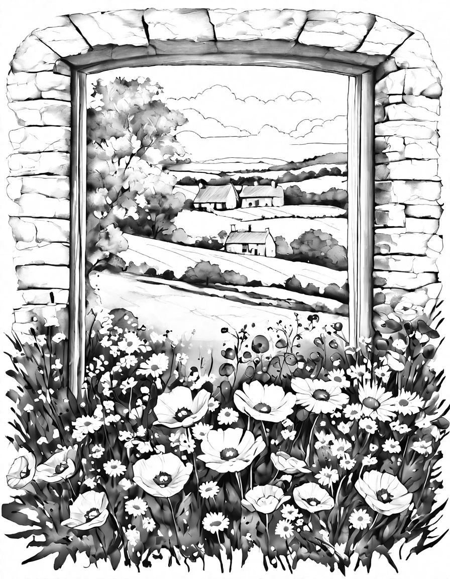 Coloring book image of quaint farmhouse amidst blooming wildflowers in the scenic english cotswolds in black and white