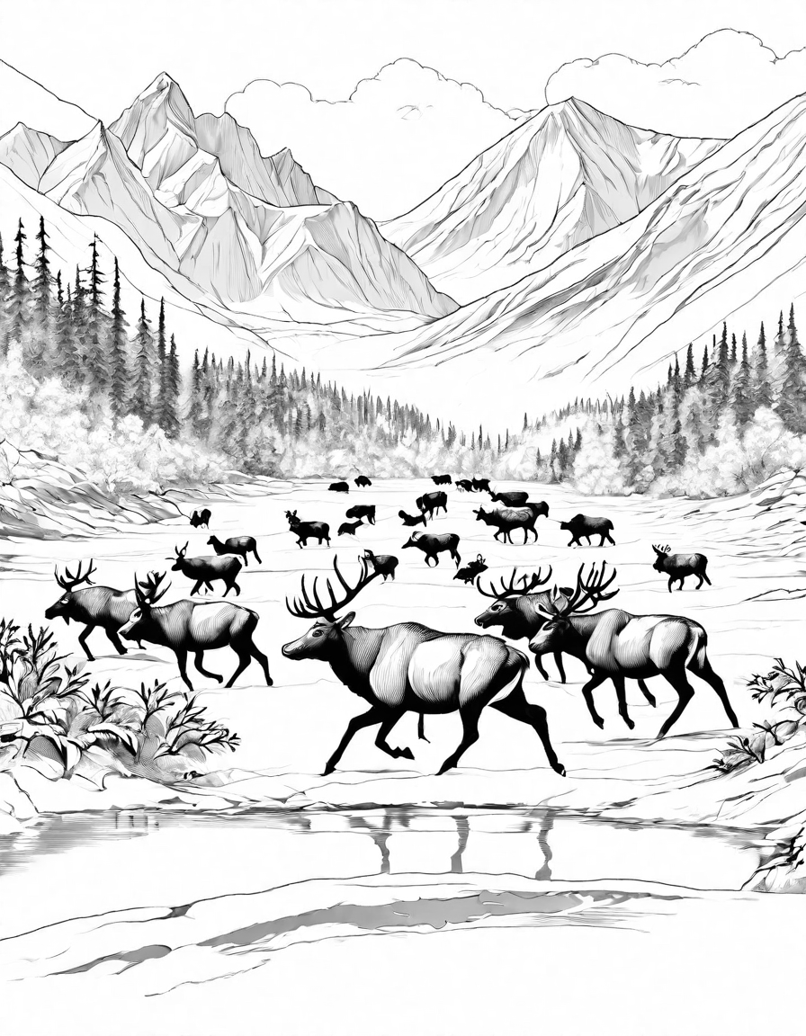 Coloring book image of majestic caribou herd migrating through the arctic wilderness, crossing frozen landscapes, leaping icy rivers, and grazing in snow-covered meadows in black and white