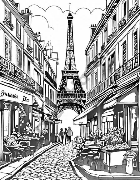 intricately designed accordion in a parisian scene coloring page, featuring the eiffel tower in black and white