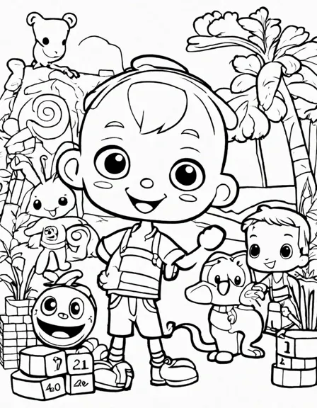 Coloring book image of preschoolers learn counting with adorable cocomelon characters jj, tomtom, cody, and yoyo in black and white