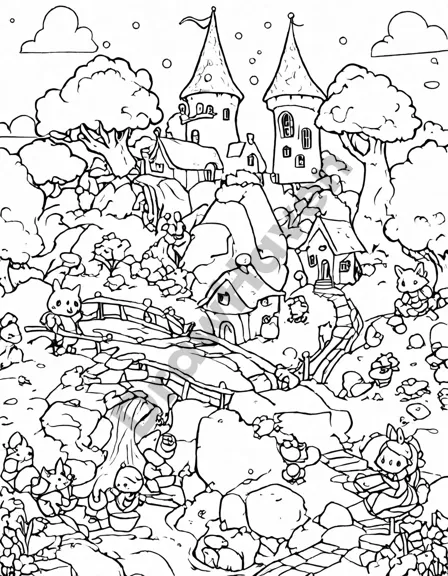 Coloring book image of journey to the fairy castle: enchanted forest with talking animals, dancing flowers, and pixies, leading to shimmering castle under moonlight in black and white