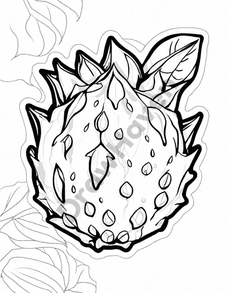 coloring book page featuring detailed exotic fruits like dragon fruit and cherimoya against a tropical backdrop in black and white