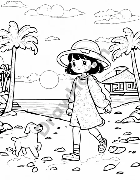 sunset beach coloring page with footprints, seashell, and palm trees by the ocean - relaxing tropical scene for colorists in black and white