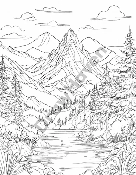 breathtaking coloring book page of a secluded mountain valley with majestic peaks, serene pond, and intricate patterns in black and white