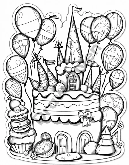 children coloring a birthday party scene with an inflatable castle, slides, and festive decorations in black and white