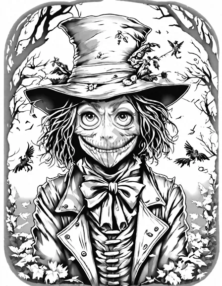 exploring scarecrow's fear factory, a nightmarish coloring page featuring scarecrow and terrifying scarecrows in his twisted lair in black and white