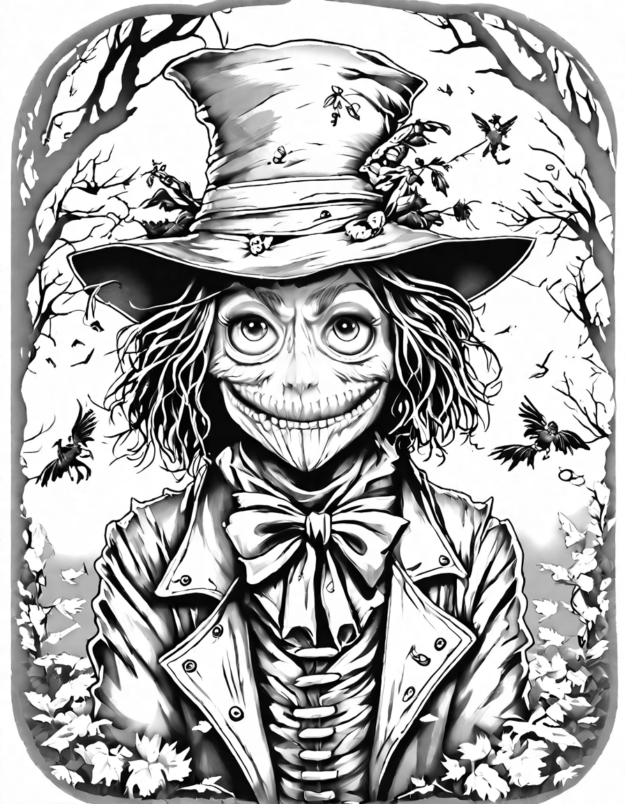 exploring scarecrow's fear factory, a nightmarish coloring page featuring scarecrow and terrifying scarecrows in his twisted lair in black and white