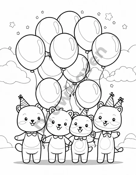 Coloring book image of colorful birthday balloon fiesta with children holding balloons and festive decorations in black and white