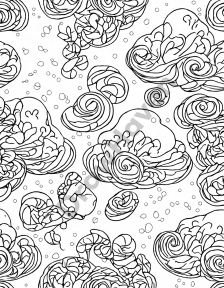 intricate coloring page featuring meringue swirls with delicate textures and intricate designs, inviting artistic expression in black and white