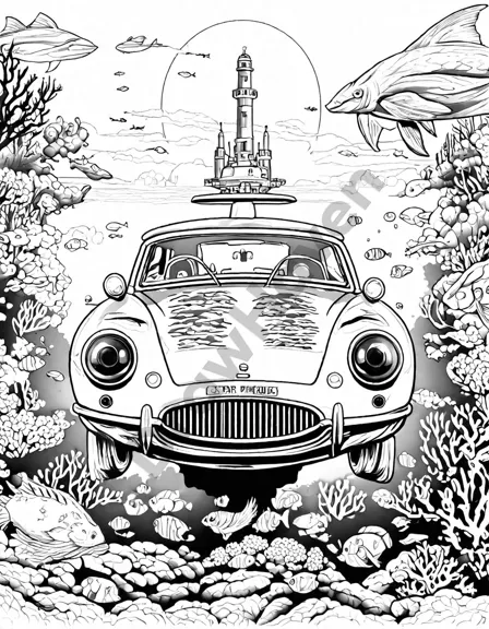 Coloring book image of underwater city with futuristic cars and marine highways in black and white