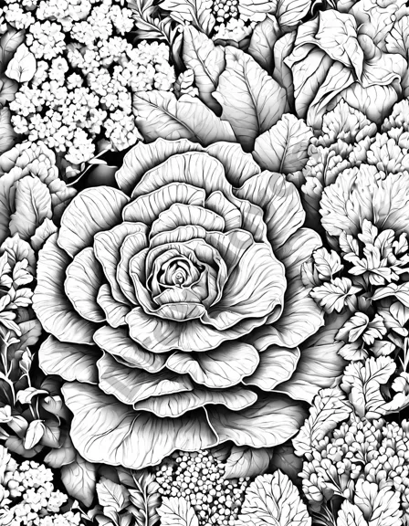 coloring page featuring lettuces and herbs in a lush garden for creativity and relaxation in black and white
