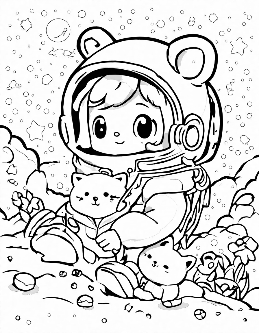 coloring page of a comet in space with an icy nucleus and a colorful tail, surrounded by stars and planets in black and white