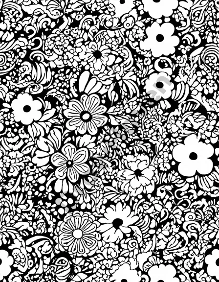 groovy flower power motifs coloring page with psychedelic retro 1960s flower patterns and swirls evoking nostalgia and peace in black and white