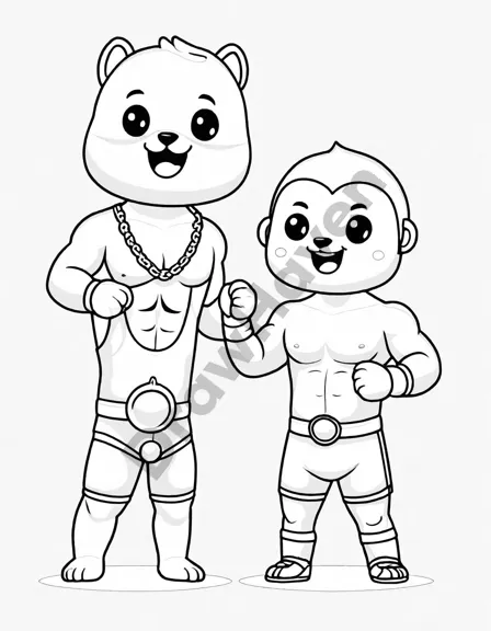 Coloring book image of wrestling champions holding belts victoriously in the ring with an excited crowd background in black and white