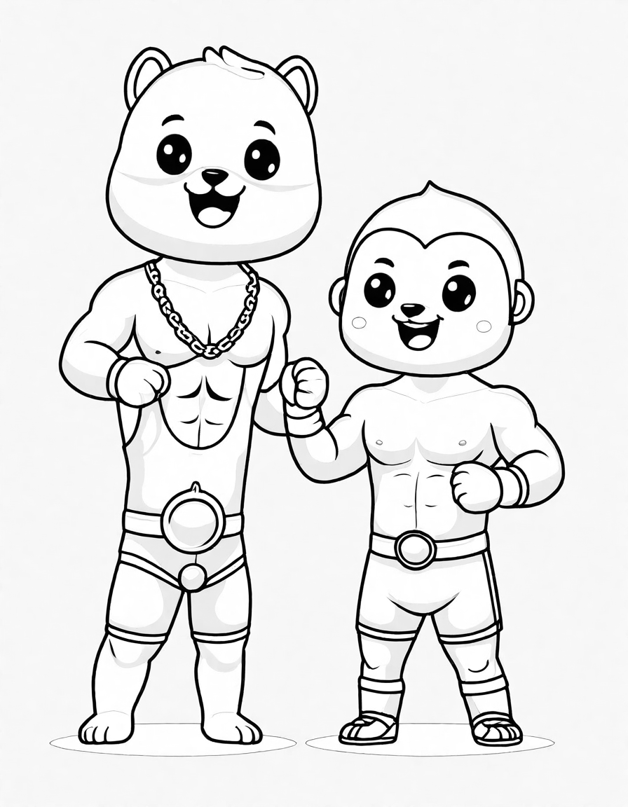 Coloring book image of wrestling champions holding belts victoriously in the ring with an excited crowd background in black and white