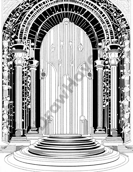 Coloring book image of art deco proscenium stage with intricate geometric detailing and shimmering medallions in black and white