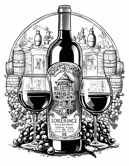intricate coloring book page of a sommelier's wine cellar filled with bottles adorned with opulent labels, inviting you to immerse yourself in the world of fine wines in black and white