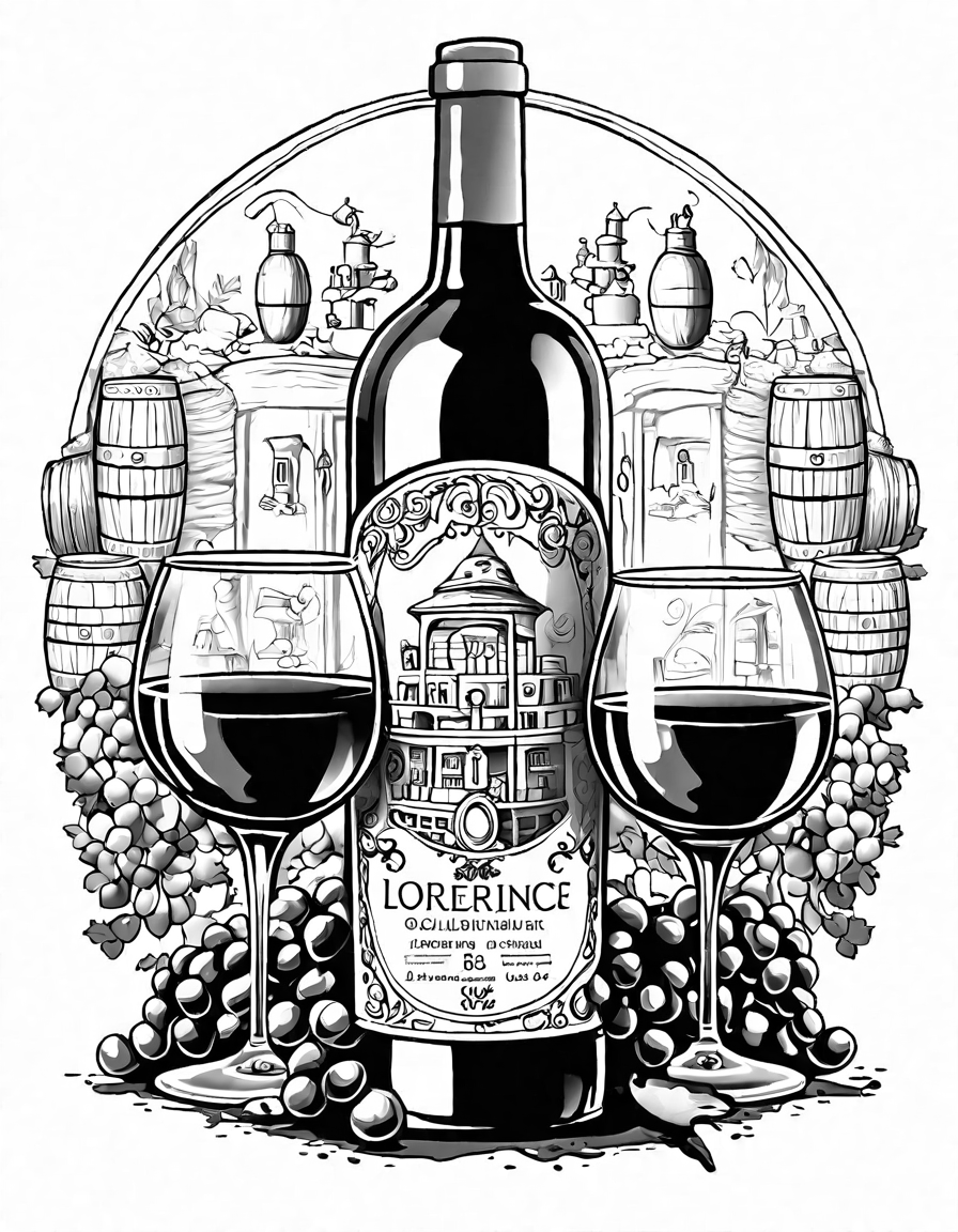 intricate coloring book page of a sommelier's wine cellar filled with bottles adorned with opulent labels, inviting you to immerse yourself in the world of fine wines in black and white