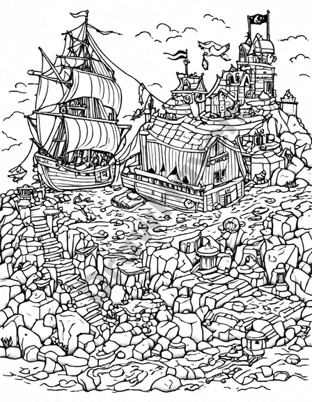 coloring page of a treasure cave with chests, gems, maps, and pirate symbols in black and white