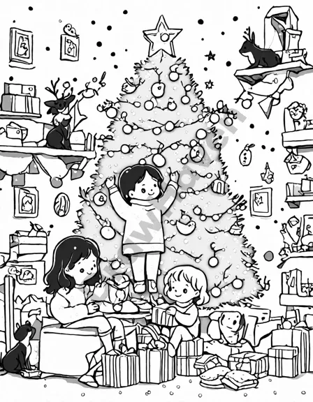 Coloring book image of families and children gather around a christmas tree in a living room, ready to decorate in black and white