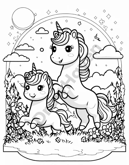 coloring page featuring unicorns in the fields of magic with a castle silhouette in black and white