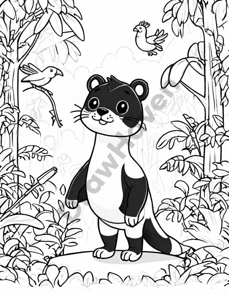 coloring book page featuring rainforest ecosystem with animals and lush foliage in black and white
