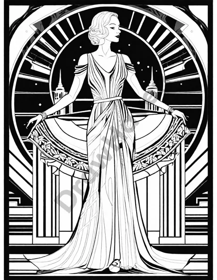 Coloring book image of art deco fashion figure in chic geometric dress, embodying the glamour and sophistication of the era in black and white