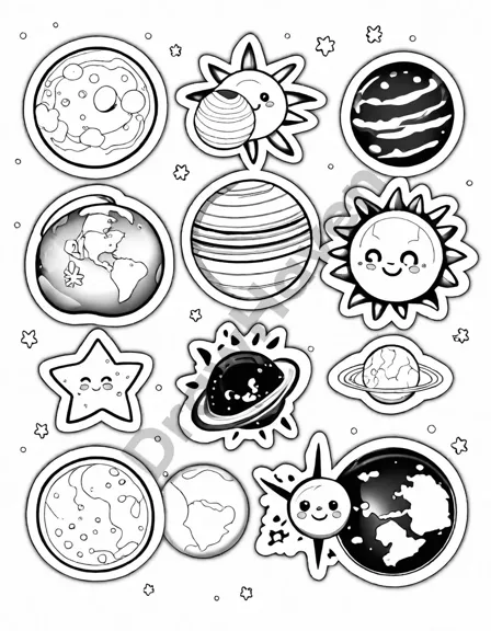 Coloring book image of cosmic drawing of eight solar system celestial bodies for kids to color in black and white