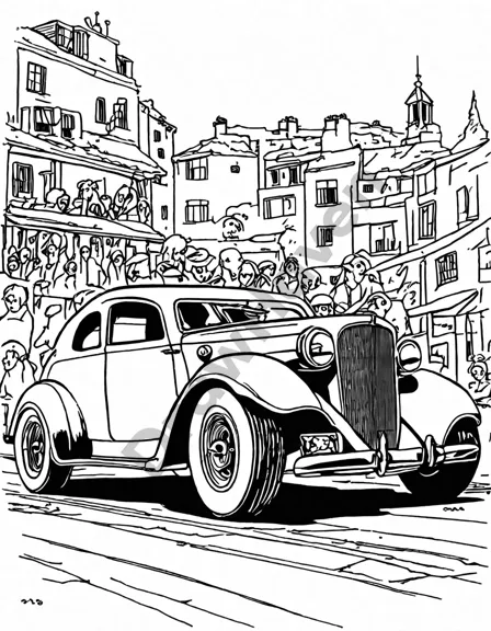 intricate drawing of custom cars inviting creativity and coloring, showcasing imagination and artistry of car enthusiasts in black and white
