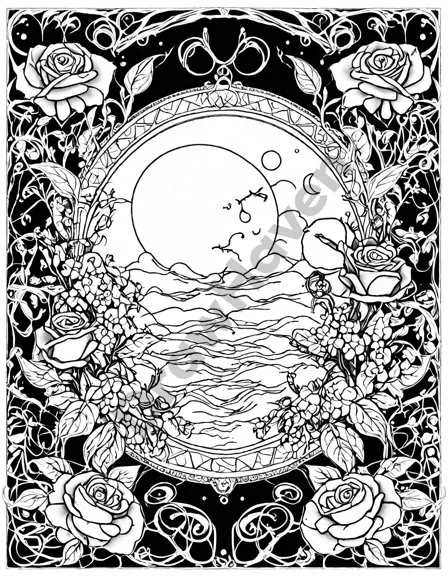 celestial rose garden with moonlight, winding floral path for coloring enthusiasts in black and white
