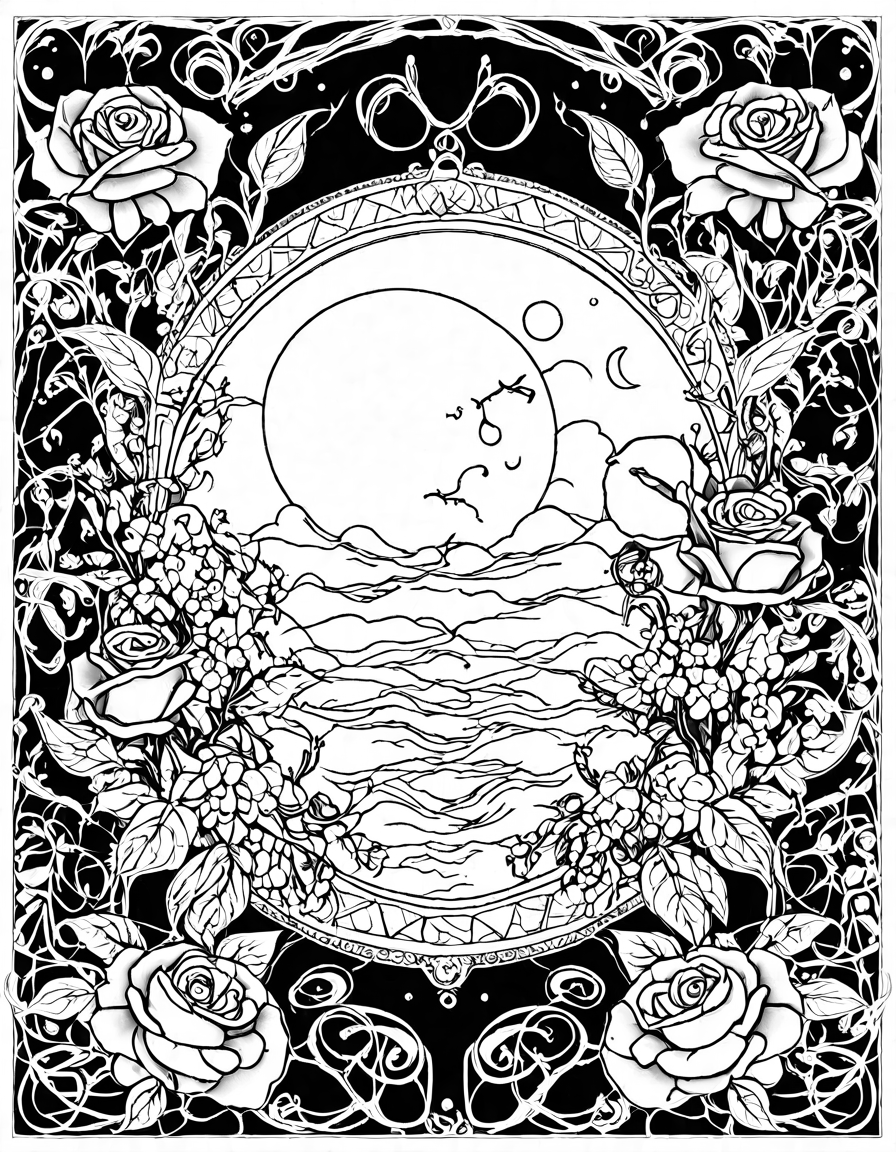 celestial rose garden with moonlight, winding floral path for coloring enthusiasts in black and white