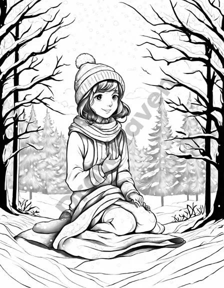 Coloring book image of child in winter hat reaching for first snowflake under a lavender and indigo twilight sky in black and white