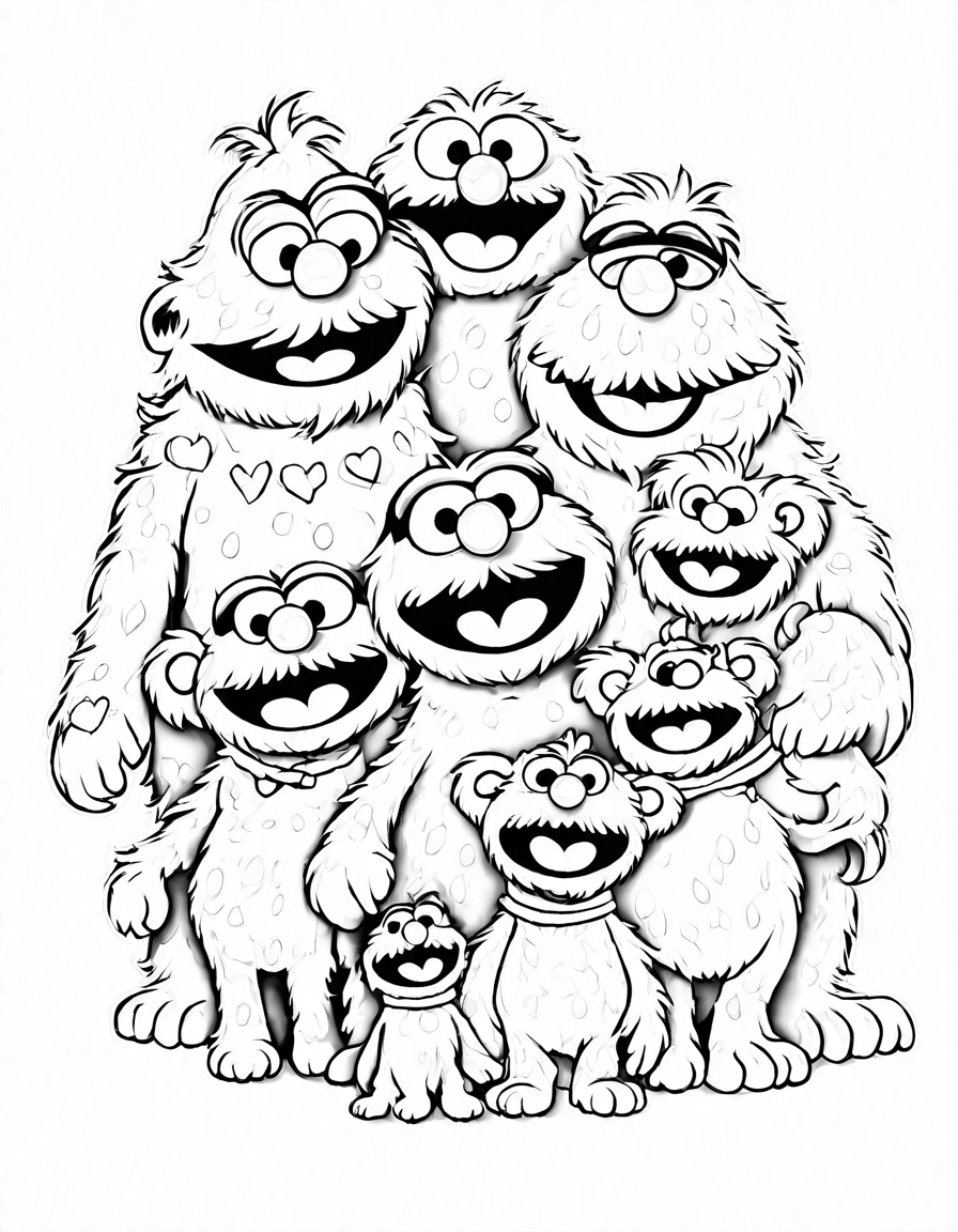 Coloring book image of lily monster and her sesame street family enjoy a warm embrace in her cozy apartment in black and white