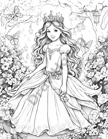 fairy tale princess birthday party coloring page with magical garden and woodland creatures in black and white