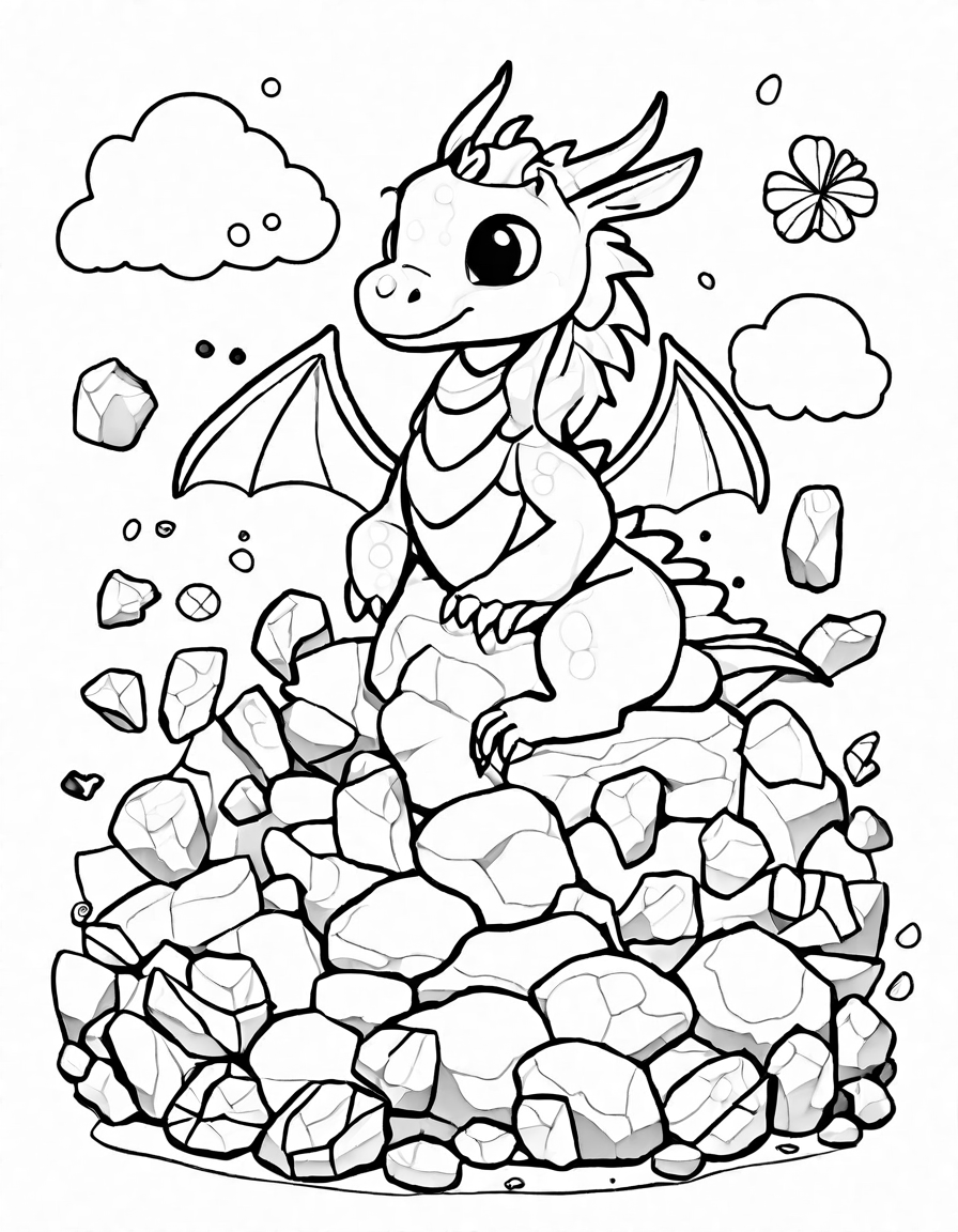 Coloring book image of majestic dragon inside a textured cave set in ancient mountains, ready to be colored for a magical experience in black and white