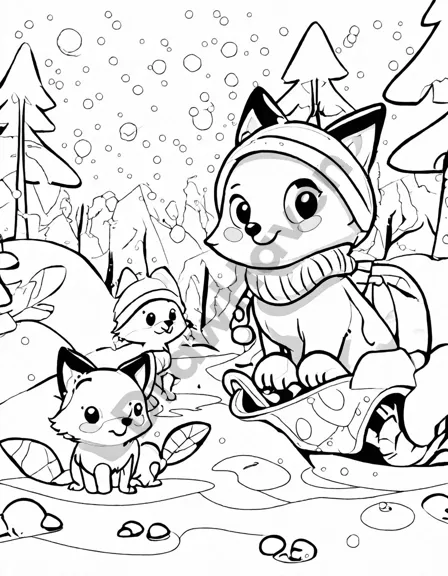 Coloring book image of arctic foxes sledding on snowy slopes amidst breathtaking wilderness, leaving paw prints in their wake in black and white