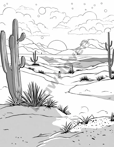 Coloring book image of tranquil desert scene under starlit sky with dunes, cactus, and oasis illuminated by moonlight in black and white